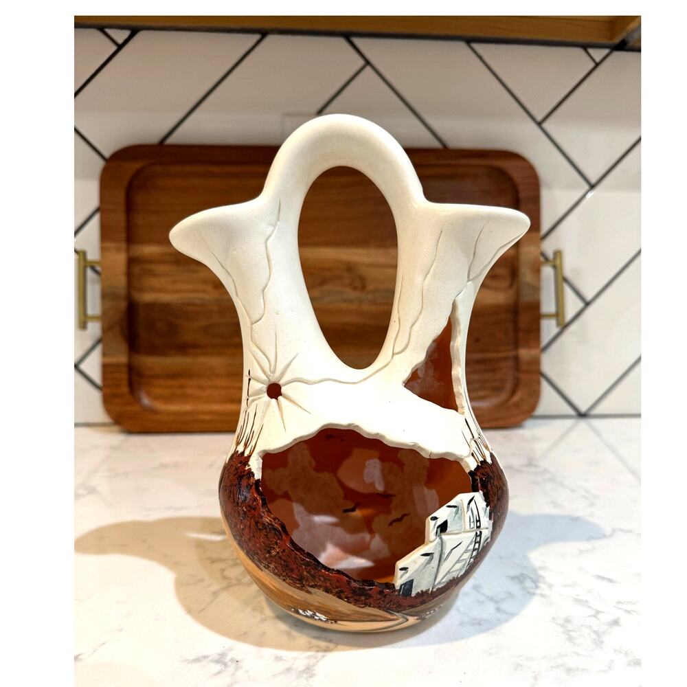 vintage Southwestern-style wedding vase signed artist Bill Drake 3D cutout